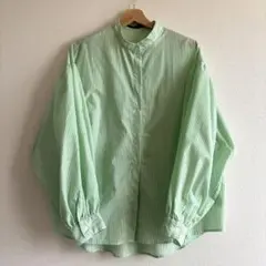 しまむら OFALO ストライプ バンドカラー シャツ グリーン