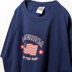 フルーツオブザルーム アメリカ星条旗 ロゴ Tシャツネイビー紺色XL古着