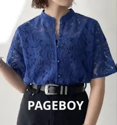 【超美品】PAGEBOY ページボーイ　レースバンドカラーシャツ 青　F