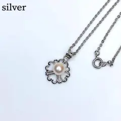 silver×ベビーパール ネックレス クローバー 葉 シルバー 真珠