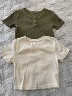GU☆ジーユー リブ編み 半袖Tシャツショート丈 2枚セット 白 カーキ