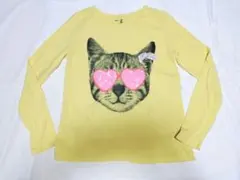 イエロー 猫顔プリント Tシャツ