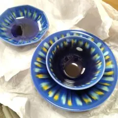 【三代 徳田八十吉】 耀彩 いっぷく揃 呈茶揃3点セット(八角小皿、茶碗、中皿)