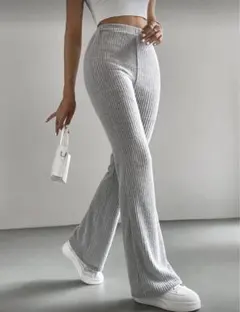 リブ編みフレアパンツ グレー