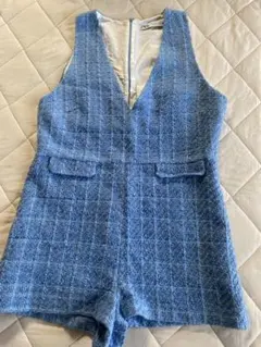 ZARA 綺麗水色ノースリーブ ツイード可愛いミニジャンプスーツ　オールインワン