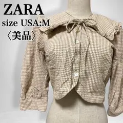 【美品】ザラ ストレッチ ギンガムチェック ショート丈 ブラウス