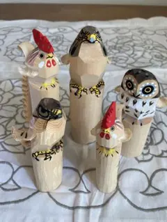 木彫り 鳥の置物 5点セット 縁起物 フクロウ 鶏 鷹 インテリア オブジェ