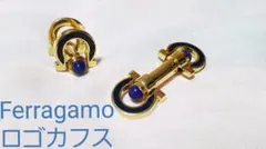 正規レア フェラガモ ガンチーニロゴ ロングシェイプカフス 金×青 カボション石