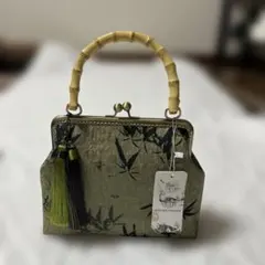 新品 がま口ハンドバッグ ショルダー2WAY バンブーハンドル 和柄 タッセル