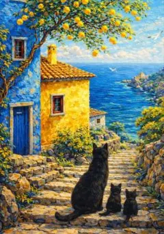 海辺の街と黒猫の親子 彩りの風景アート 30×40cm