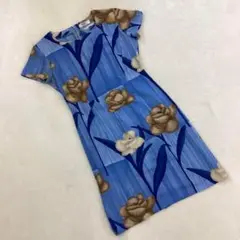 Voir フラワープリント フレンチスリーブ ワンピース ブルーM