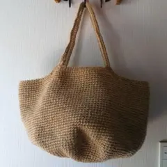 ハンドメイド かぎ針編み ナチュラルトートバッグ／麻風／大容量 エコバッグ