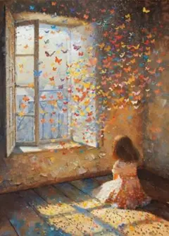 A4 バタフライドリーム 窓辺の幻想アート 少女と光の風景 キャンバスプリント