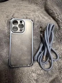iPhone用ケース ストラップ付き ブルーグレー