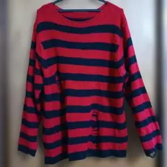 ストライプ ニットセーター ダメージ加工 地雷系 3XL赤黒