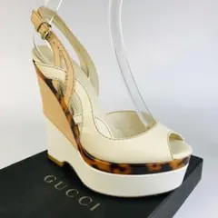 GUCCI★レザーべっ甲ライン ストラップ付 ウェッジソール サンダル(35)
