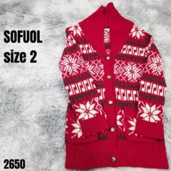 SOFUOL ソフール 赤 雪の結晶柄 ニット カーディガン サイズ2 2650のサムネイル