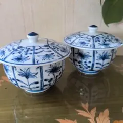 蓋つき煮物椀 2客セット 染付 花文様のサムネイル