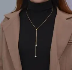 【新品未使用】イミテーションパール付き ラリエット チェーンネックレス ゴールド