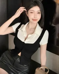 SHEIN ブラック/ホワイト 半袖トップス リブ