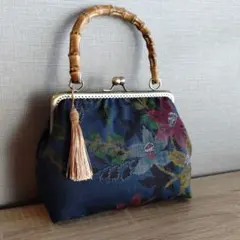 ゴブラン織り がま口 ハンドバッグ 縦ストライプ 刺繍 クラシック柄 