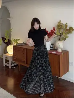 ドット柄シアーフレアスカート ブラック