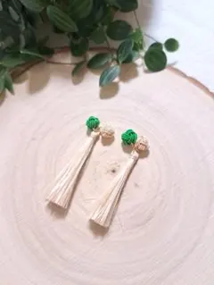 精麻 ピアス(イヤリング) 水引(玉結び付き) グリーン×イエローゴールド