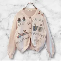 イタリア製カーディガンセーター立体3D刺繍コットンレトロピンクヴィンテージ古着