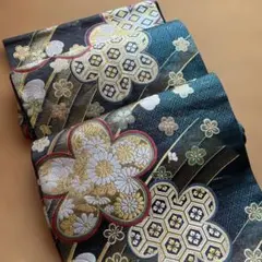 袋帯　振袖向き　梅　菊　箔　金糸　青灰色　六通　正絹