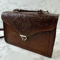 ハンドメイド 本革 カービングレザー 2wayハンドバッグ ショルダーバッグ