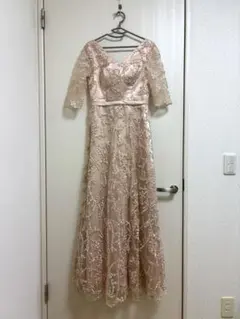 パーティードレス　ロングドレス　結婚式　レース　ピンクベージュ　サイズL
