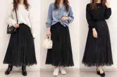 ラメ プリーツスカート ブラック ロング丈 ウエストゴム 韓国製 黒 キラキラのサムネイル