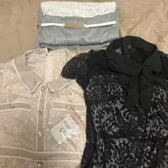 ベージュフラワーパターンシャツと黒レーストップスセット