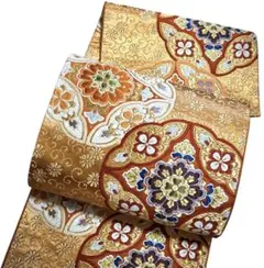 AA1袋帯 六通唐織華文柄 河合美術織物 金糸　八宝花 正絹 着物