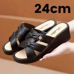 厚底　サンダル　ミュール　ウェッジソール　リボン　花　ブラック　クロスストラップ