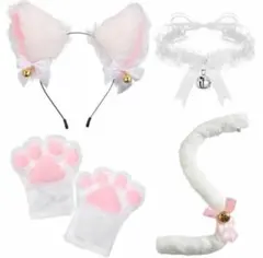 猫耳カチューシャ4点セット ハロウィン 鈴付き 肉球手袋 チョーカ しっぽ 白