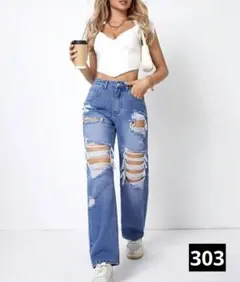 SHEIN Essnce ダメージ ストレートレッグジーンズ