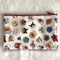 アンパンマン オールスター柄 ダブルファスナーポーチフラットポーチ 赤　メッシュ