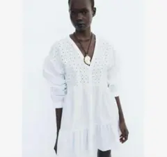 ZARA Lサイズ　刺繍入り　ホワイト　ミニワンピース