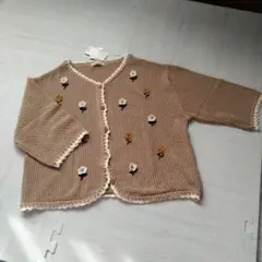 Samansa Mos2 鍵編み花刺繍ベージュ カーディガン フリーサイズ