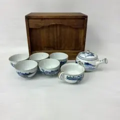 古九谷 煎茶道具セット 染付 金彩 山水図 急須 湯冷し 煎茶碗 木箱入