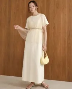 アイボリー ふんわり春シアー素材　半袖ロングワンピース