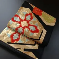WA115 袋帯 正絹 亀甲 花 黒 金 華紋