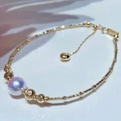 K18YG あこや真珠 ワイヤーブレスレット 弾力 バングル 18K パール