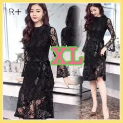 新品 膝丈 総レース ワンピース エレガント 華やか フォーマル フリル XL