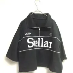 【美品】ハーフジップ 半袖 トップス 黒 ロゴ入り