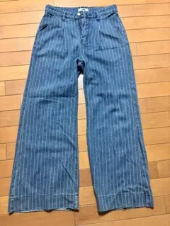 ストライプ ワイドパンツ ブルー デニム