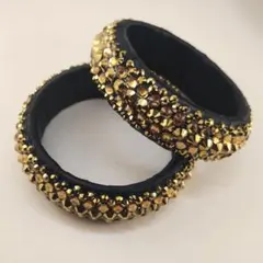 ベリーダンス ラインストーン 木製バングル 黒×ゴールドヘマタイト 2.2cm幅