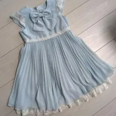 美品 フォーマル入園式 水色リボン付きプリーツワンピース