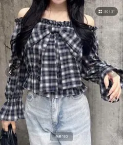 INGNI ビッグリボンチェック柄オフショルブラウス